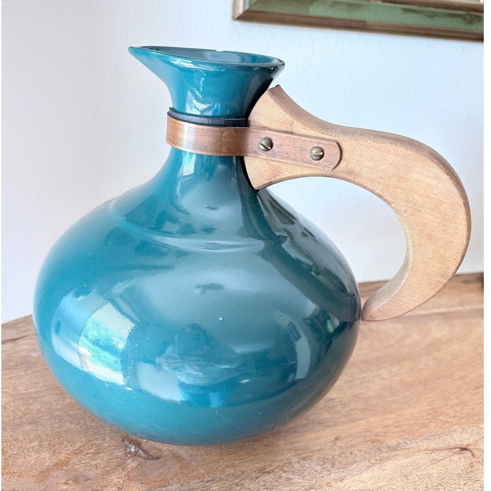Vintage Red Wing Pottery Turquoise Vase Jug Wood Handle MCM Decor